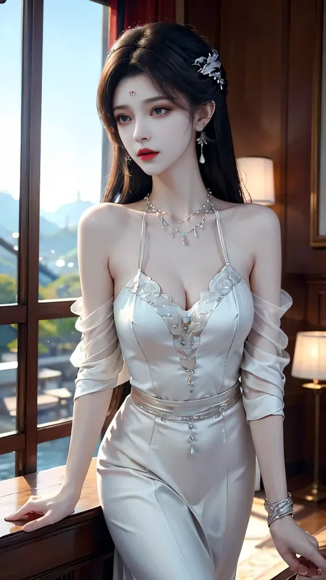 ((whole body)), ((from below)), Yushuxin,1 girl,alone, ((stand up, leaning on ledge)), ((lean forward)), ((The features are clear, clear face, clear face)), red lips, cosmetics, close-up, elegant姿势, seductive pose, Perfect Curve, Slim, Sexy, big breasts, s...