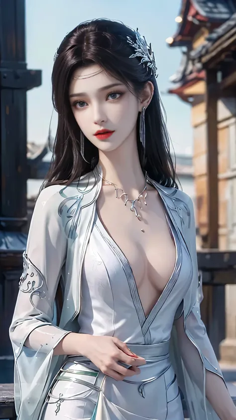 ((whole body)), ((from below)), Yushuxin,1 girl,alone, ((stand up, leaning on ledge)), ((lean forward)), ((The features are clear, clear face, clear face)), red lips, cosmetics, close-up, elegant姿势, seductive pose, Perfect Curve, Slim, Sexy, big breasts, s...