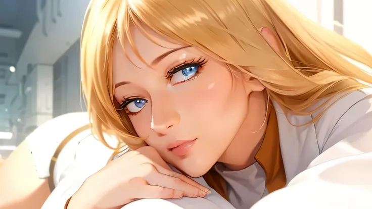 1 girl, Sayla Mass, elegant, masterpiece, Complex, realistic, highest quality, confused, Advanced facial detail, perfect eyes, mature woman, cowboy shot, shape, bright colors、(Lie:1.3)