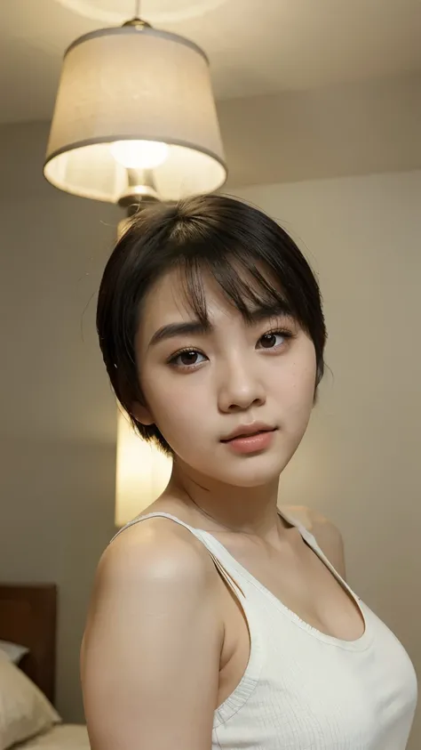 Chinese teen girl (17 years old) selfies, inside a room, night time ((best quality)), ((masterpiece)), (detailed), perfect face, ((white bed with gray walls, lamp turn off))((short hair, chubby face, asian, Chinese girl)) close up selfie, Close-up of a wom...