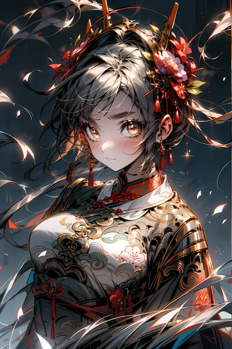 Detailed flower pattern,(cheongsam:1.2),Online Hanfu,Bright Eyes, bright colors, soft light, fantastic quality, ethereal beauty, magical creatures, naughty smile, Mystic energy, glowing halo, charming details, Sparkling dust, joy and surprise. (best qualit...