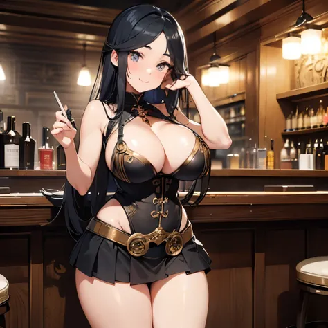 masterpiece. A full-body picture of a gorgeous model ((stunning face, smokey anime eyes, thin eyebrows, long eyelashes, flirty smile, winning smile, mid-twenties, DD-size breasts, anime hair)) with a playful smile, full body shot. steampunk style, Steampun...