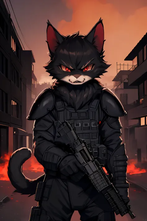 (high-res masterpiece)) , ((best quality)), illustration, furry, 
cat, animal ears, tail, bodyfur, black fur, 1guy, upper body, 1guy solo, adult *//*, red eyes, red NVGS goggles *//*, black full-body elite military light armor, looking at viewer, deranged ...