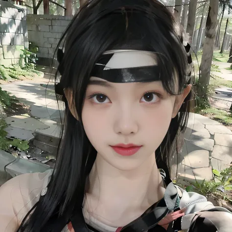 １girl、Kunoichis costume、in the forest、outside、ninja headband、ninja mask、clear eyes、upper body close-up、clavicle show、