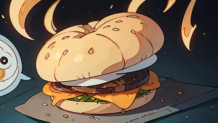 Futuristic Hamburger: In this intricately drawn manga scene, a hamburger takes center stage against a backdrop of advanced technology and sleek architecture. The hamburger is meticulously illustrated with every detail exposed - from the glistening ketchup ...