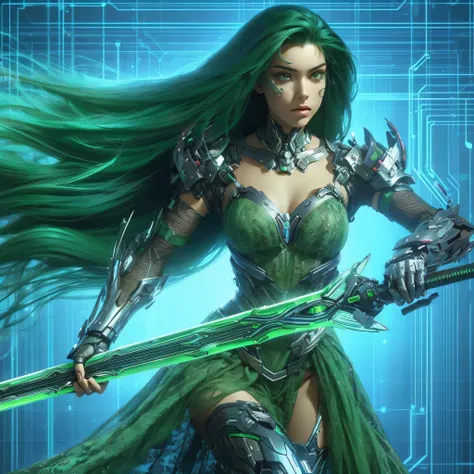 a novelistic picture of a 21 year old female warrior with very long green hair styled in a sci-fi futuristic way wearing a sci-fi green gown metal futuristic gear, she is a sci-fi fighter and she holds a giant metallic green sci-fi sword, in a sci-fi holog...