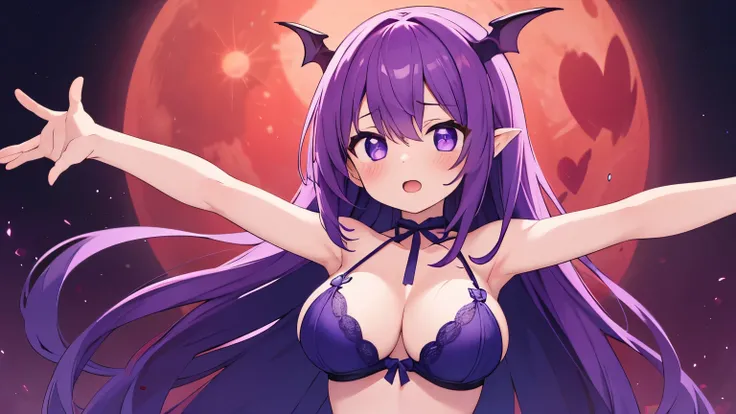 highest quality, masterpiece, ultra high resolution,detailed face,detailed eyes,1 girl,succubus,sexy,A woman with adult charm,purple hair,wave long,big breasts,front,purple lingerie,sexyなランジェリー,spread your arms,provocative look,open your mouth,suite,eyes a...