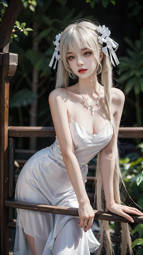 kasugano sora,long white hair,twintails,hair ribbon,hair ornament, ((whole body)), ((from below)), Yushuxin,1 girl,alone, ((stand up, leaning on ledge)), ((lean forward)), ((The features are clear, clear face, clear face)), ((bare shoulders)),red lips, cos...