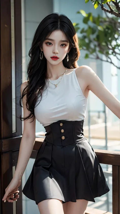 cyb skirt, cyb shirt, high-waist skirt, neck ribbon, ((whole body)), ((from below)), Yushuxin,1 girl,alone, ((stand up, leaning on ledge)), ((lean forward)), ((The features are clear, clear face, clear face)), ((bare shoulders)),red lips, cosmetics, close-...