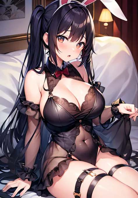 masterpiece、best image quality、ultra high resolution、NSFW、teenage girl with big breasts、twin tail hairstyle、black hair、red face、shyly、Open your mouth just a little、Bunny girl costume that shows cleavage、rabbit ears headgear、Inside the entertainment bar、sit...