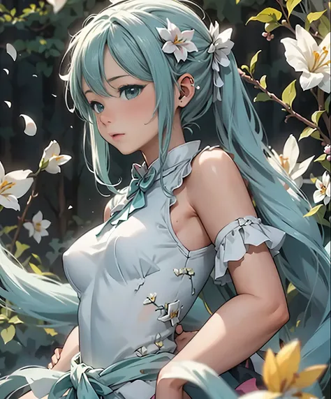 (masterpiece、highest quality、highest quality、official art、beautiful beautiful:1.2)、(1 girl:1.3)Hatsune Miku、twin tails,big breasts,Hatsune Miku ブルーヘア , Kagamine Rin yellow hair , White Wedding Dresses, long hair, flower hairpin, wedding bouquet wrapped in ...