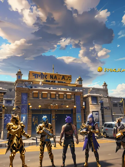 several people are standing outside of a yellow building with a sign that says royal rama, unreal engine render saint seiya, shot on iphone 1 3 pro max, 🕹️ 😎 🔫 🤖 🚬, accurate depiction, weta studio, wearing thanos armour, shot on iphone 1 3 pro, surreal!!!,...