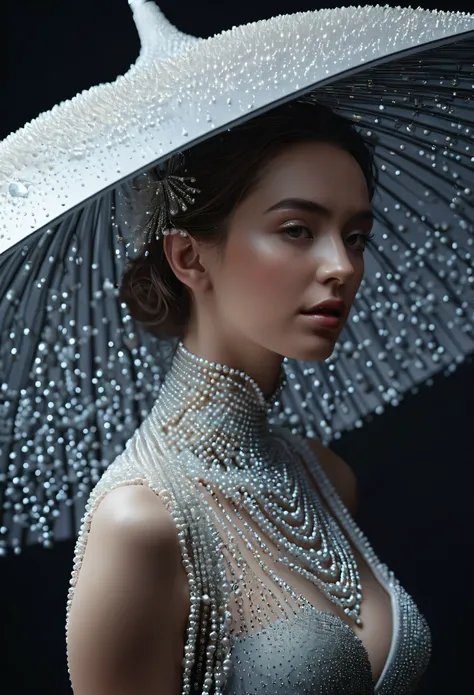 the image and silhouette of a beautiful slender graceful woman dancer made of pearl particles in a huge hat, sitting under a pearl umbrella, surreal sculpture, Dramatic ambience, Award winning photograph, figurative art, floral decorations, excellent photo...