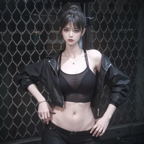 il y a une femme dans un haut noir et un pantalon noir qui pose, female character, tifa lockhart, supermodel in silent hill, relaxed pose, cyberpunk 2 0 ans. Oh model girl, femme au corps entier, inspired by Ayami Kojima, female outfit, inspired by Sim Sa-...