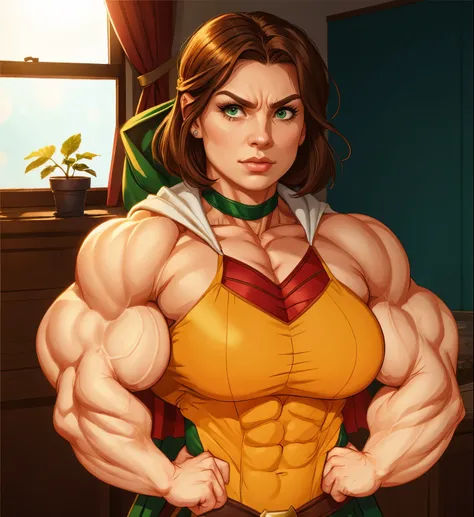 muscle woman with brunette hair wearing superhero outfit and cape with fists on hips, woman with huge muscles, mature woman, stern expression, green eyes