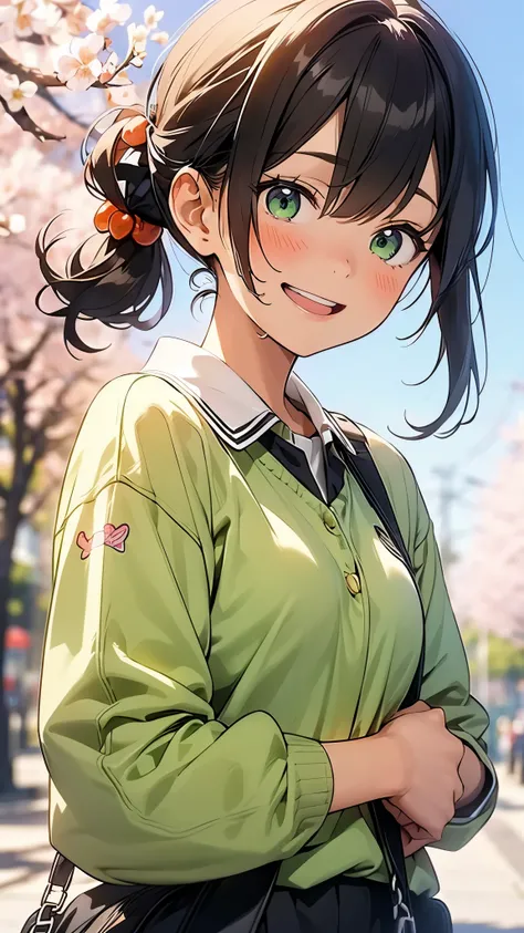 (highest quality、Extra fine、genuine)、1 anime high school girl、small breasts、riders jacket、orange hair、shining green eyes、side ponytail、smile a little、laughter、From the side、gloves、bright smile、stand in front of a cherry tree、upper body close-up、cherry blos...