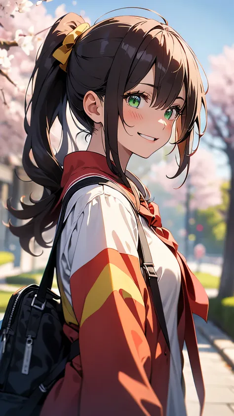 (highest quality、Extra fine、genuine)、1 anime high school girl、small breasts、riders jacket、orange hair、shining green eyes、side ponytail、evil smile、From the side、gloves、bright smile、stand in front of a cherry tree、upper body close-up、cherry blossom park、shar...