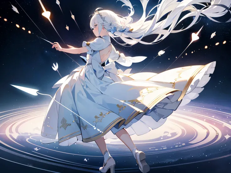 (Masterpiece, best quality) detailed, character sheet, many items (arrow and bow), + a girl who shy and lovely, (ethereal, dreamlike), (white hair girl), (dancing in the space), (floating dress), (graceful movements), cosmic background, celestial glow, ser...