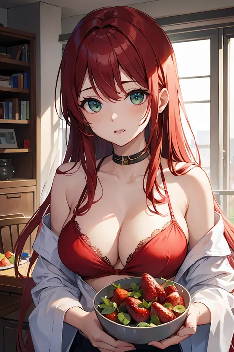 1 female、red hair、green eyes、dense lips、red bra、See-through、off shoulder、holding strawberries in your handasterpiece、ultra high resolution、perfect lighting、16K