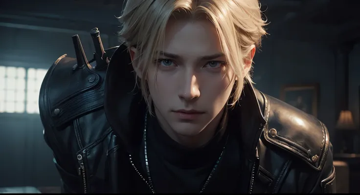 1man, (inadvertently snapshot, closer)  Rufus Shinra, Rufus Shinra, Rufus Shinra, pale pale blond short hair, short hair, short hair, narrow his eyes, stern and handsome, Rufus, Final Fantasy VII, intricate, solo focus, realistic, dynamic pose realistic, d...