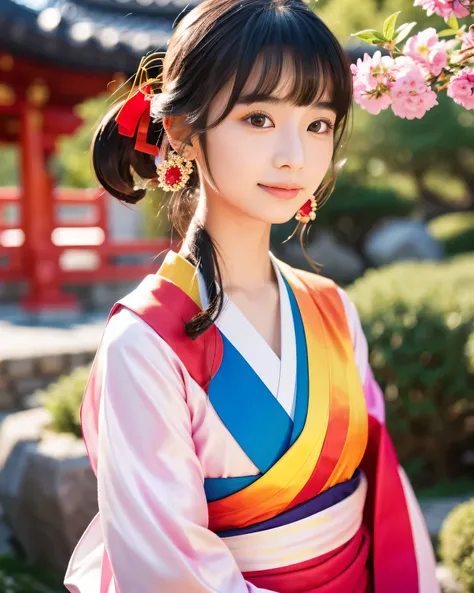 (highest quality, 8k, High resolution, masterpiece:1.2), beautiful japanese girl, 16 years old, Girl in priestess uniform, perfect human anatomy, glossy black hair, Beautiful ponytail shining red, asymmetrical bangs, hair ornaments, big magic eyes, smooth ...