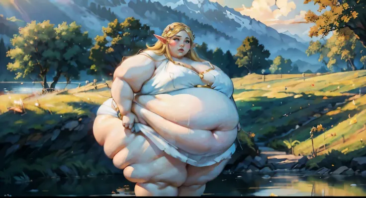 Rule_of_thirds, 1 SSBBW ELF GODDESS, extremely obese, (obese belly):1.8, (obese legs):1.5, fat rolls, massive SSBBW body, massive hyperbelly, soft massive obese belly, cute chubby feminine face, sensual pose, soft obese thighs, soft obese legs, soft obese ...