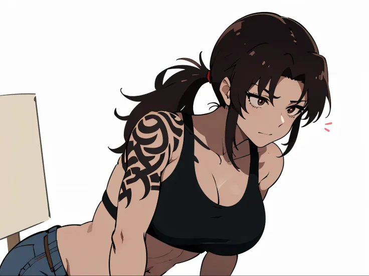 茶髪とデニムショートをかがんだanime woman, long brown hair woman, brown eyed woman, ponytail, solo, anime womanがしゃがんでいる, clothing:black sports ...