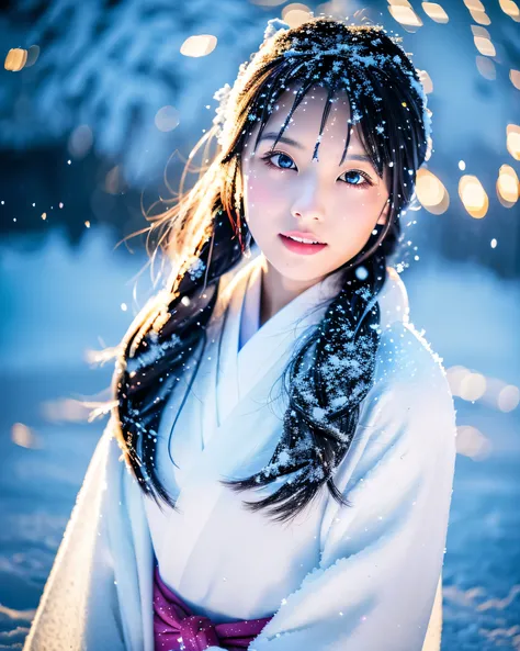 (highest quality, 8k, High resolution, masterpiece:1.5, ), beautiful japanese girl, snow girl, 20-year-old, perfect human anatomy, big magic eyes, serious expression, Dense black hair swaying in the wind, Long hair that shines like an aurora, asymmetrical ...