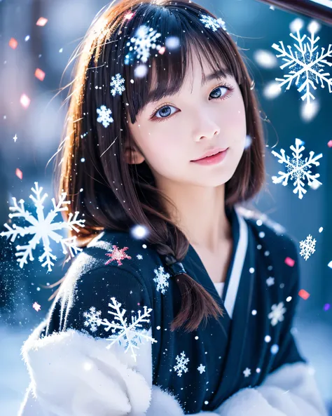 (highest quality, 8k, High resolution, masterpiece:1.5, ), beautiful japanese girl, snow girl, 18-year-old, perfect human anatomy, big magic eyes, A fleeting expression, Dense black hair that is intricately disheveled, beautiful long hair, asymmetrical ban...