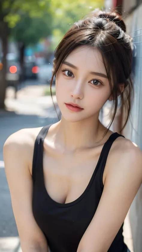 ((best quality, 8K, masterpiece :1.3)), whole body, sharp focus: 1.2, a girl，20 years old，Perfect face shape，Beautiful face shape，perfect body beautiful: 1.4, slim abs: 1.2, ((dark brown hair, : 1.2)), Tank Top Dress: 1.1, (street: 1.1), Highly detailed fa...