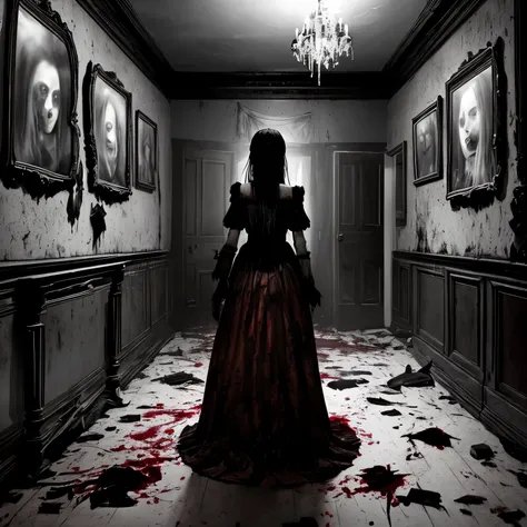 In the heart of a haunted mansion, a chilling scene unfolds. A girl with a bloody face and terrifying expressions stands amidst a macabre array of horror portraits, each adorned with blood splatters and dismembered limbs. The room is enveloped in a creepy ...