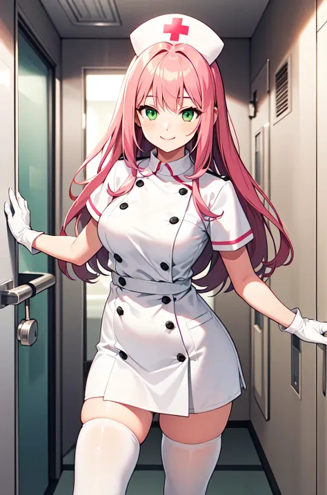 1girl, solo, nurse, white nurse cap, white nurse uniform, ((white legwear, zettai ryouiki)), white gloves, pink hair, green eyes...