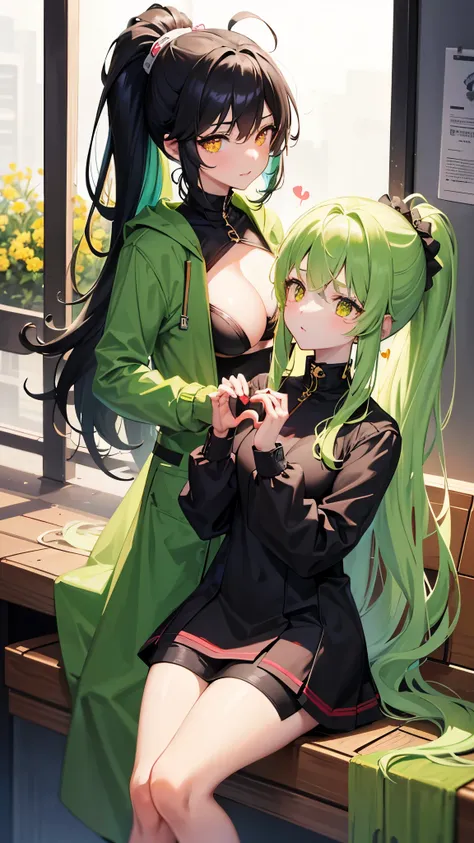 perfect anatomy, masterpiece:1.4, best quality, 8k, beautiful detailed grow, daydreaming expression, ((2 girls in a casual spring coat, Heart in each other hands)), (a ponytail green hair long hair cute girl 14 yo cute yellow eyes small breasts), break (a ...