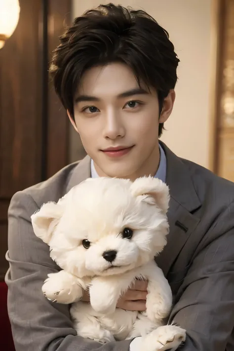 A handsome man in a gorgeously decorated room. highest quality, masterpiece, ultra high resolution 　Looking at me and smiling　cute stuffed animal