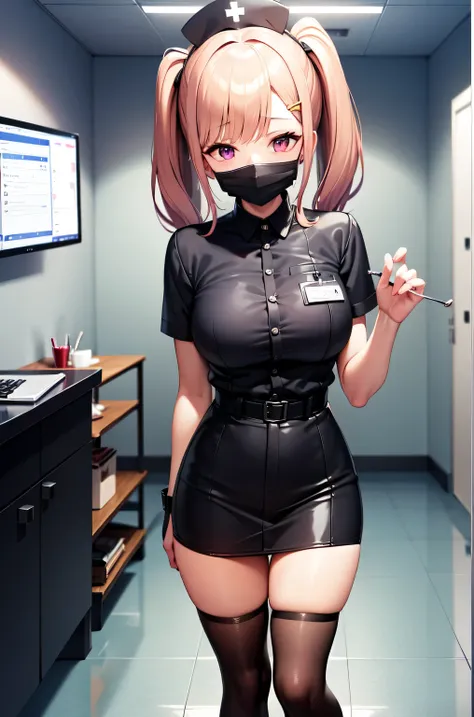 black nurse, 1girl, solo, black nurse cap, black nurse uniform, ((black legwear, zettai ryouiki)), black elbow gloves, twintails, yellow hair, purple eyes, ((black surgical mask, covered nose)), standing, ((surgery room)), sharp outline, short sleeves, bes...