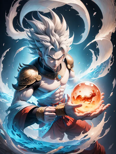 traditional Chinese painting，dragon ball，Chinese dragon，Wukong，Flowing surreal style,  Accurate and realistic, precisionist lines, Light silver and sky blue