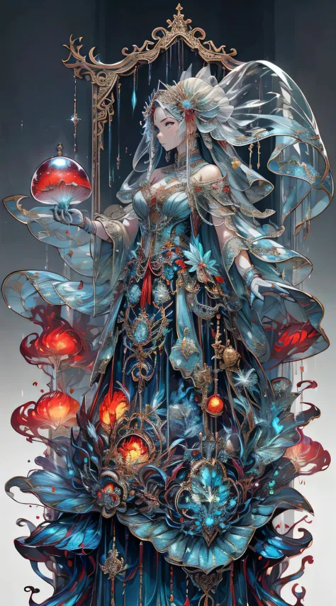 火焰ghost bridejellyfish，ghost bride，jellyfish，wearing red kimono，the head is covered with a fiery red veil，exuding a touch of wil...