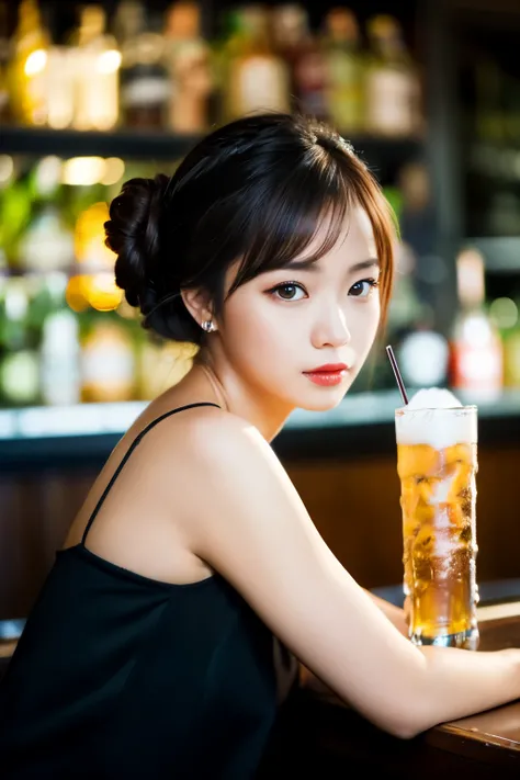 portrait photo of ブリットベイカー beautiful woman hair updo upsweep nightclub sitting at bar (masterpiece) (highest quality) (be familiar with) (8k) (HDR) (wallpaper) (cinematic lighting) (sharp focus) (Complex) 