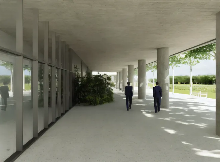 there are two men walking along a walkway between two buildings, inspirado em David Chipperfield, View at ground level, View at ground level, architectural rendering, architectural rendering, inspired by Tadao Ando, View at ground level, architectural visu...