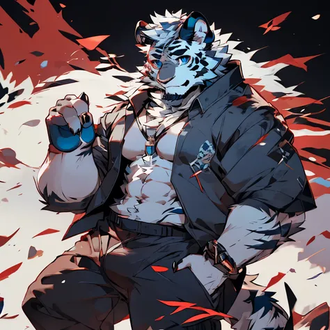 hairy（white tiger，male）Robust body，puffy breasts，Black briefs，Blue Square Crystal Necklace，blue pupils，black and white stripes，thick stripes，white hair，beard