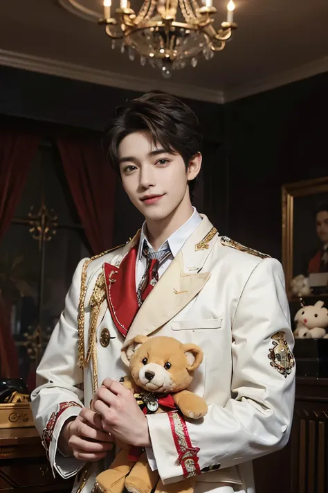 A handsome man in a gorgeously decorated room. highest quality, masterpiece, ultra high resolution 　Looking at me and smiling　multiple cute stuffed animals