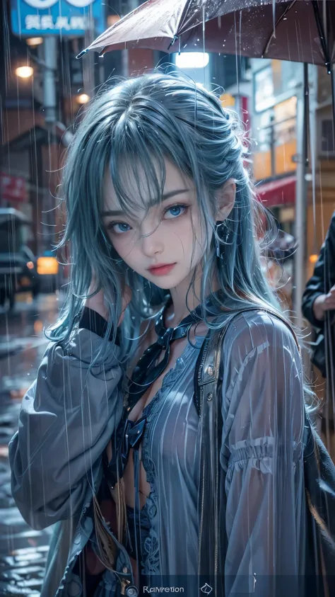 (RAW shooting, Photoreal:1.5, 8k, highest quality, masterpiece, ultra high resolution), perfect dynamic composition:1.2, night, street corner, look up at the sky:1.3, (((Typhoon heavy rain))), Highly detailed skin and facial textures:1.2, Slim high school ...