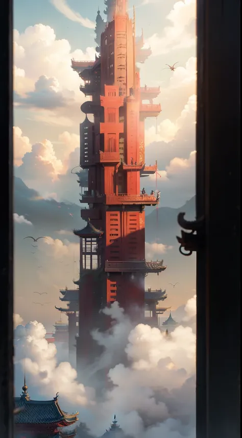 Flying dragon hovers over Chinese-style buildings，soy，totem，masterpiece，Intricate patterns on buildings，Chinese elements，masterpiece，best quality，Super detailed，pavilions，Looks like a spectacular scene，Clouds fill the sky