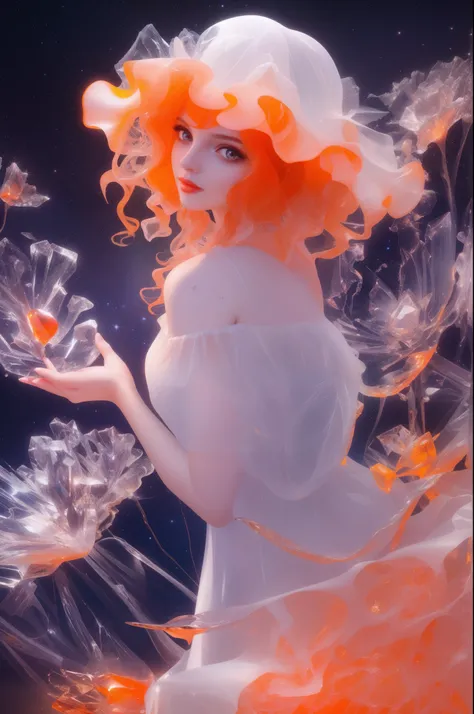 painting of a beautiful young woman., mysterious waves at night. 3d. White，orange color. The melting beauty of the universe. Surrealism in Nebula Reflections. Glass texture，translucent，crystal