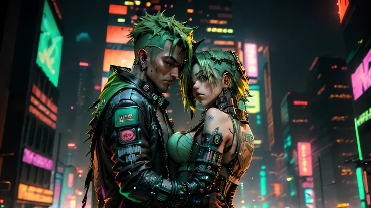 Background change, (handsome cyberpunk boyfriend green hair , girlfriend green hair , baby in the brides arms: 1.5), 8K, realistic face, green metal clothes, various colors, decorations on ears and tattoos, modern and shiny hairstyles, cyberpunk city, dark...