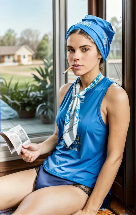 WoMan doing the laundry on the backyard. A woman wearing tank top shirt and bandana on head sunbathing in lingerie on a lounge chair reading a magazine smoking cigarette on the porch. cat sitting on the window bay. clothesline, hangers, laundry basket, fau...