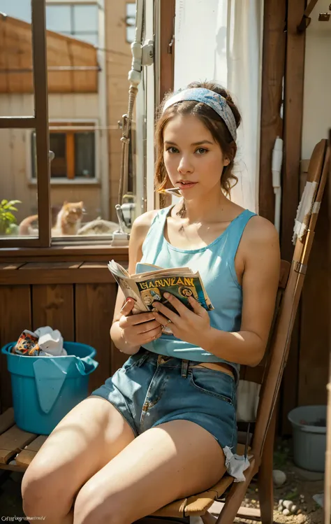 WoMan doing the laundry on the backyard. A woman wearing tank top shirt and bandana on head sitted on a lounge chair reading a magazine smoking cigarette on the porch. cat sitting on the window bay. clothesline, hangers, laundry basket, faucet, basin, hose...