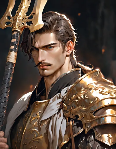 BEAUTIFUL MAN, BIG STRONG SHORT HAIR AND MUSTACHE, GOLDEN ARMOR, GOLDEN AX IN HIS HAND,