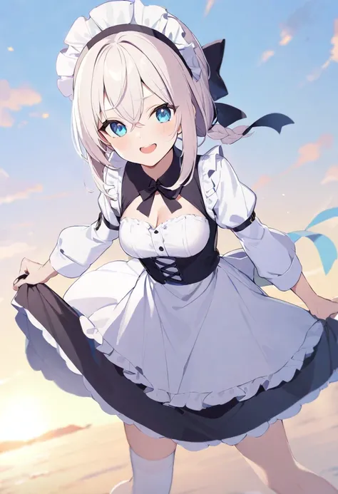 Shirakami Fubuki/(Holographic live broadcast/),（best quality)，（detailed), (1 girl),white stockings, Short hair details，black hair color hair，medium breasts，maid outfit，Lift up skirt to reveal underwear，Shy，shame