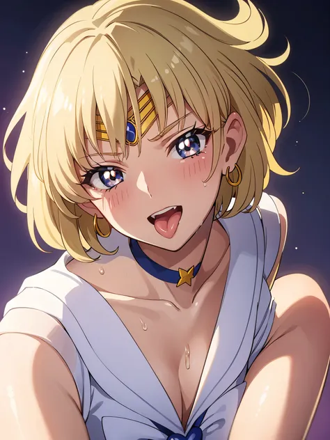 (masterpiece), highest quality, expressive eyes, perfect face, open your mouth, cum on tongue, cum in mouth, tongue, tongue out, short hair, blush, smile, Ahegao, medium breasts, short hair, Sailor Moon Uranus, blonde, blush, Sweat